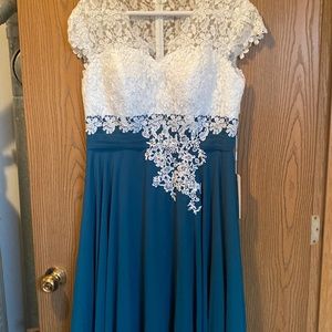 A-line , V neck, tea length, chiffon lace cocktail dress with sequins